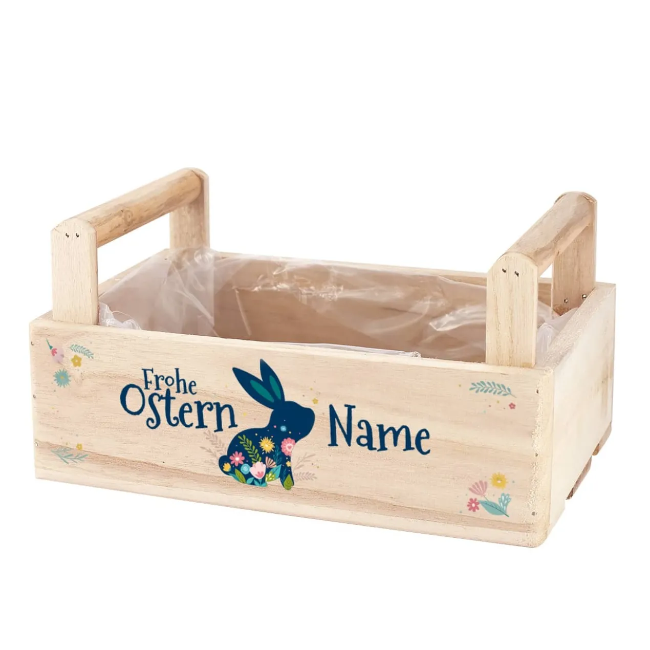 Frohe Ostern - Holzkiste mit Osterhase, Blüten und Name