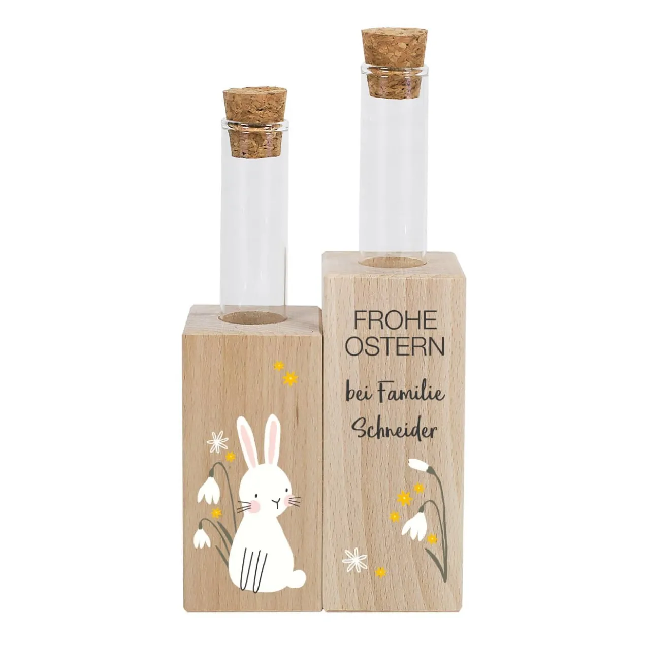 Frohe Ostern - Holzvase mit Reagenzgläschen und persönlichen Aufdruck