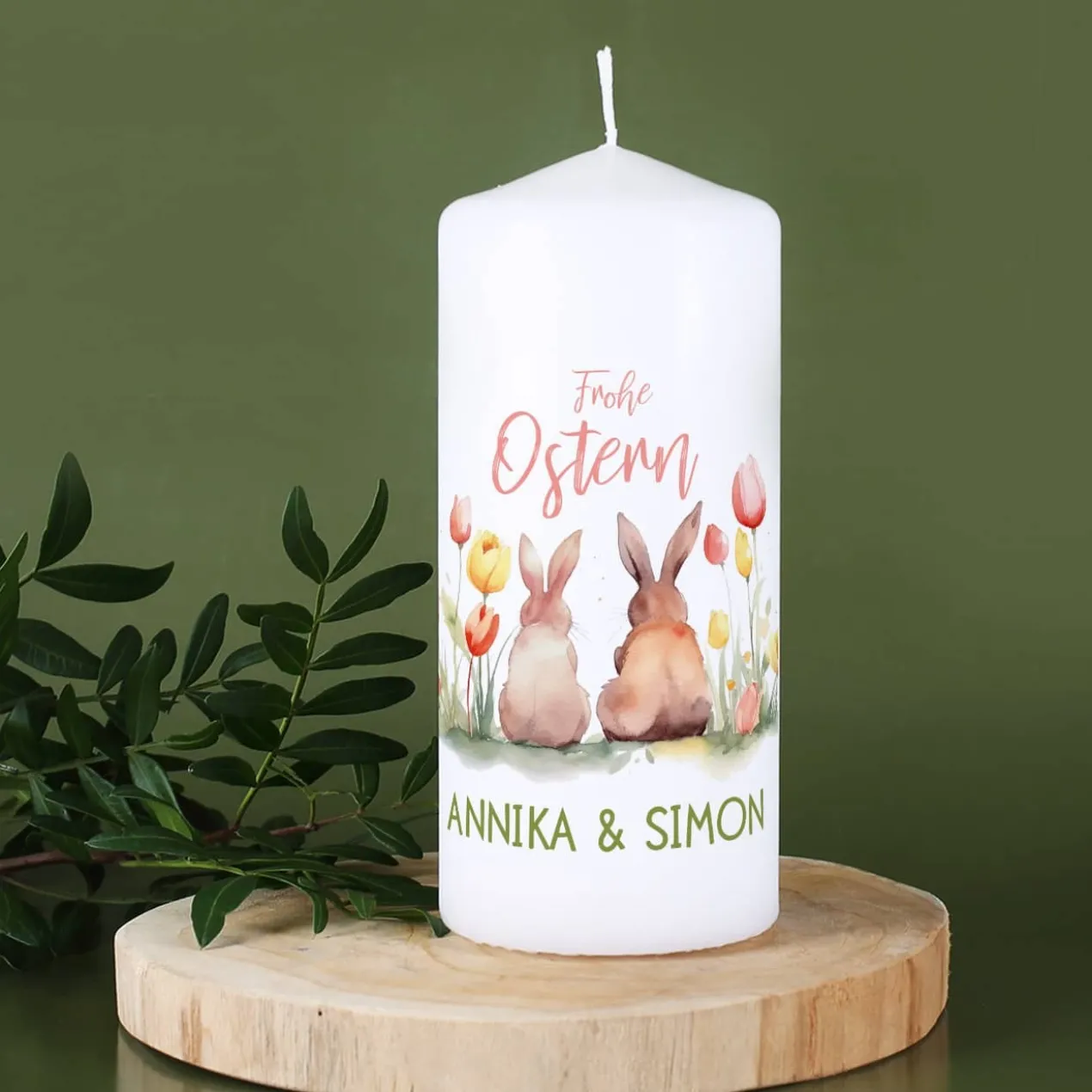 Frohe Ostern - Kerze mit Hasen, Blumen und Name