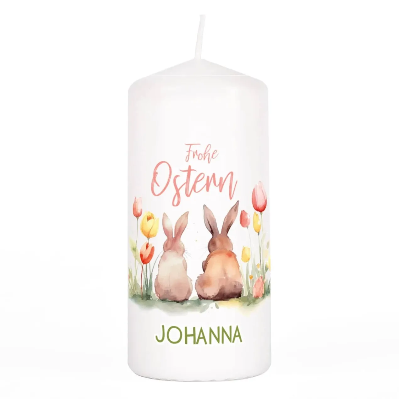 Frohe Ostern - Kerze mit Hasen, Blumen und Name
