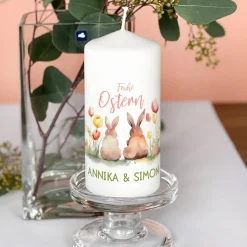 Frohe Ostern - Kerze mit Hasen, Blumen und Name
