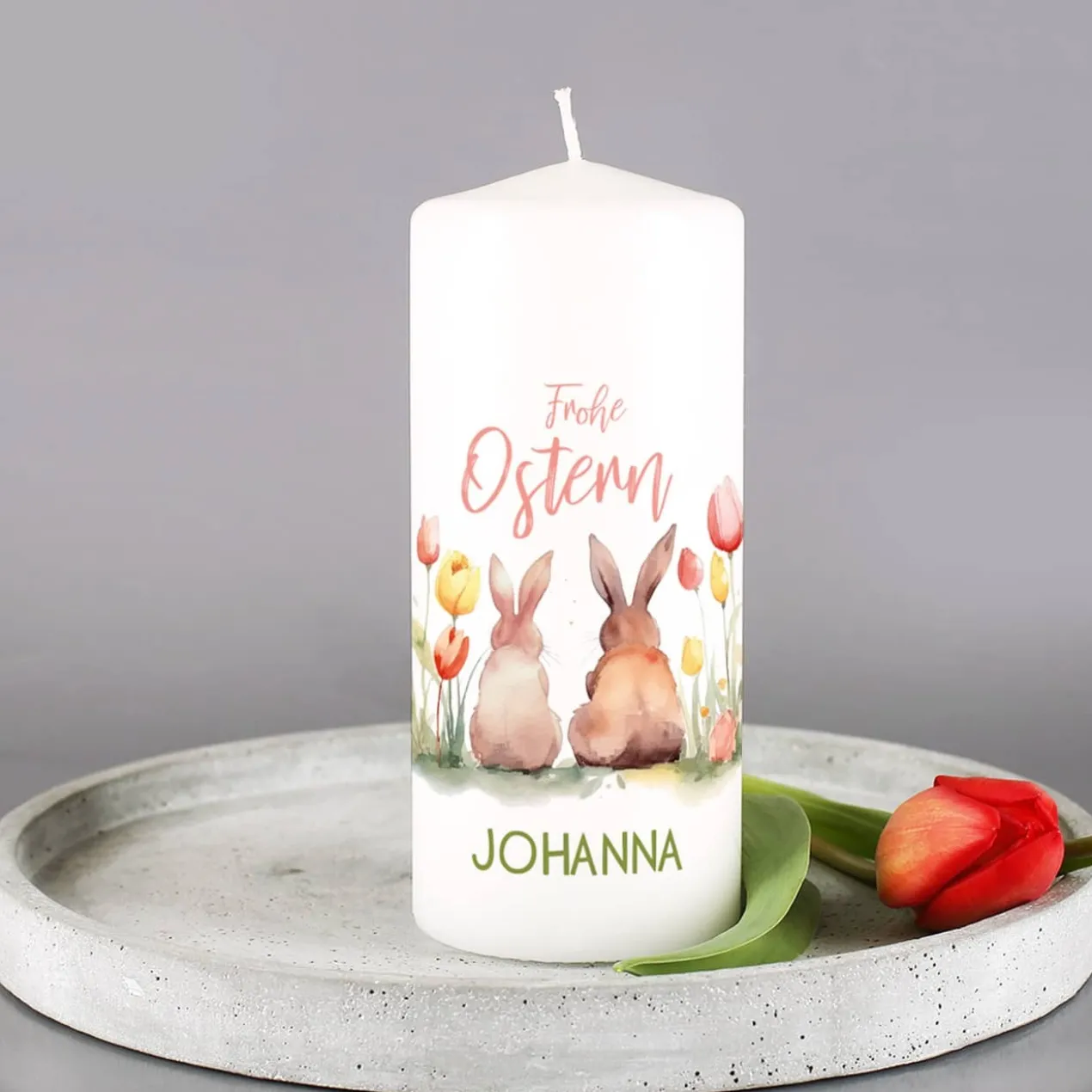 Frohe Ostern - Kerze mit Hasen, Blumen und Name