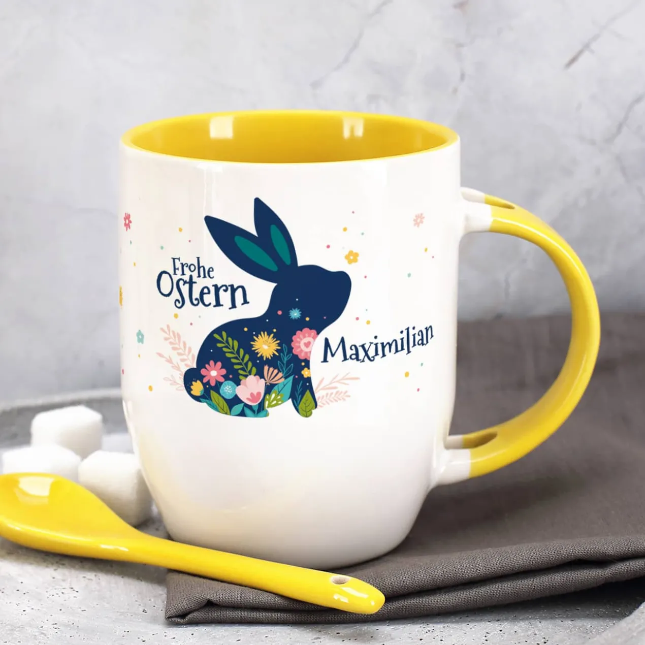 Frohe Ostern - Löffeltasse mit Osterhase und Name | Ostergeschenk