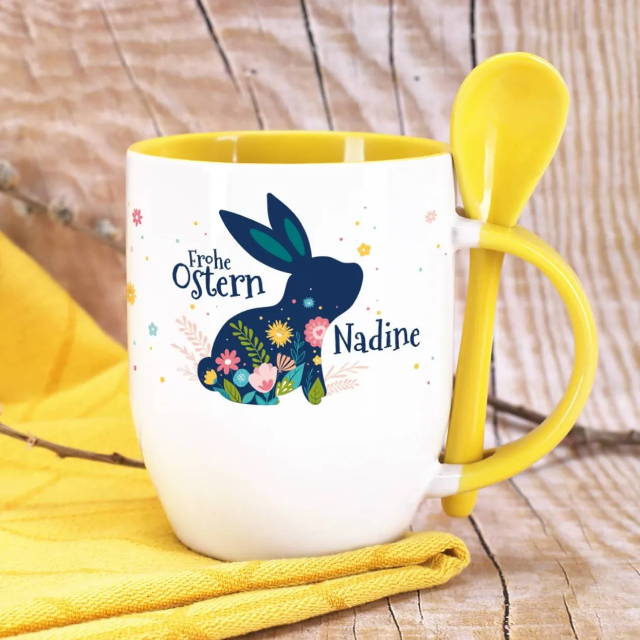 Frohe Ostern - Löffeltasse mit Osterhase und Name | Ostergeschenk