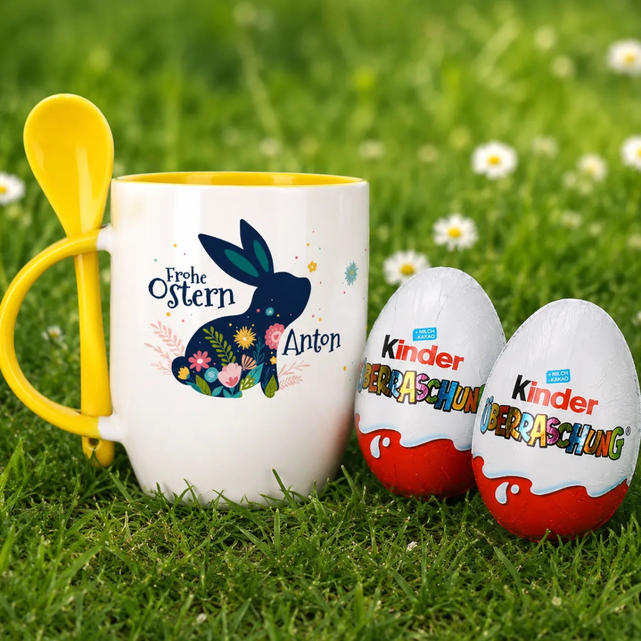 Frohe Ostern - Löffeltasse mit Osterhase und Name | Ostergeschenk