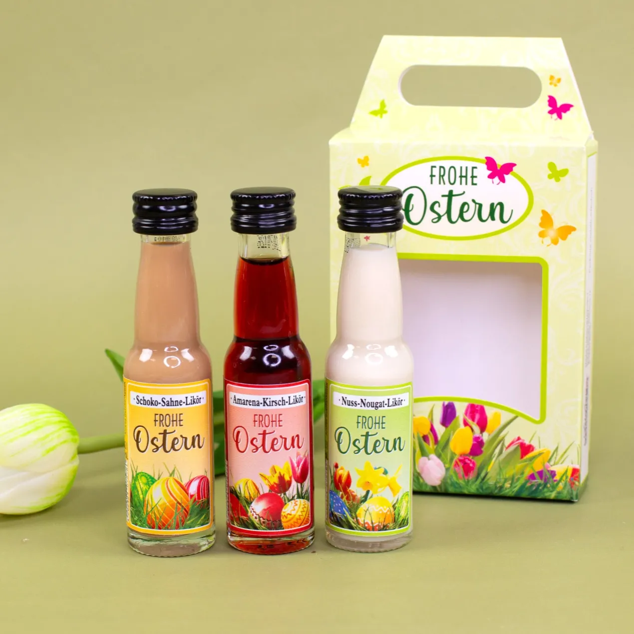 Frohe Ostern Likör 3er Set | Schoko-Sahne, Amarena-Kirsch & Nuss-Nougat