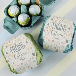 "Frohe Ostern" Schokoeier mit Wunschname & buntem Oster-Motiv | 4 Löffeleier