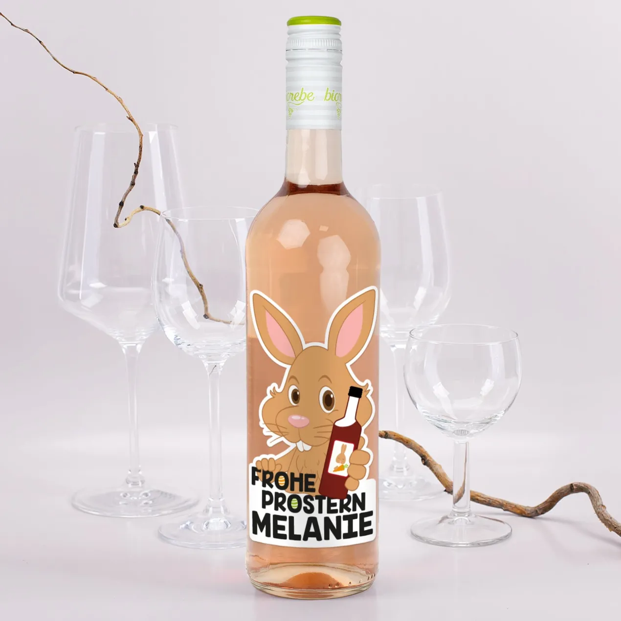 Frohe Prostern - Weinflasche zu Ostern mit bedrucktem Etikett | Biorebe Wein