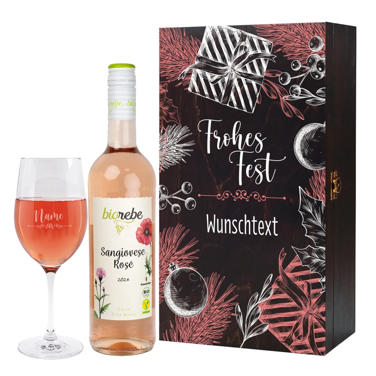 Frohes Fest - Biorebe Wein und Weinglas in weihnachtlicher Holzbox