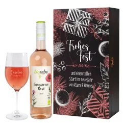 Frohes Fest - Biorebe Wein und Weinglas in weihnachtlicher Holzbox