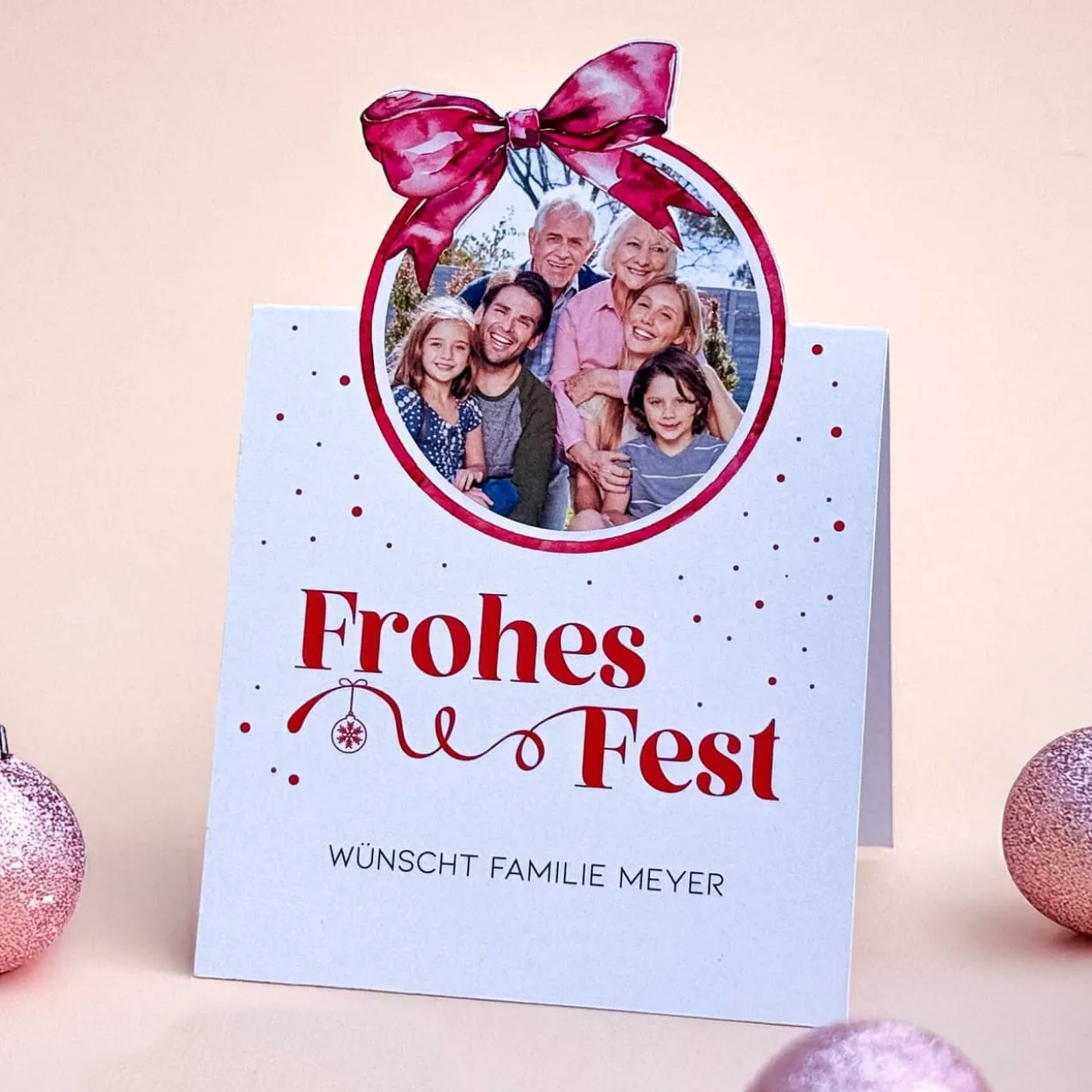 Frohes Fest - Foto-Karten mit Weihnachtskugel und Schleife