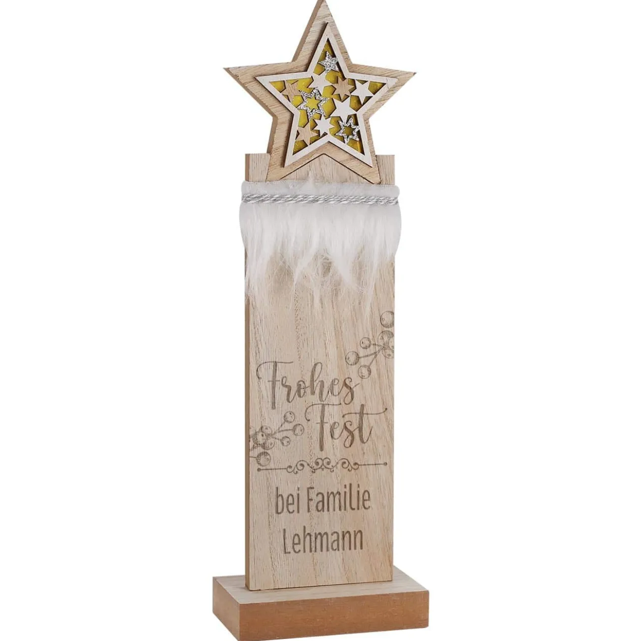 Frohes Fest - LED Holzskulptur mit Sterndetail und Gravur