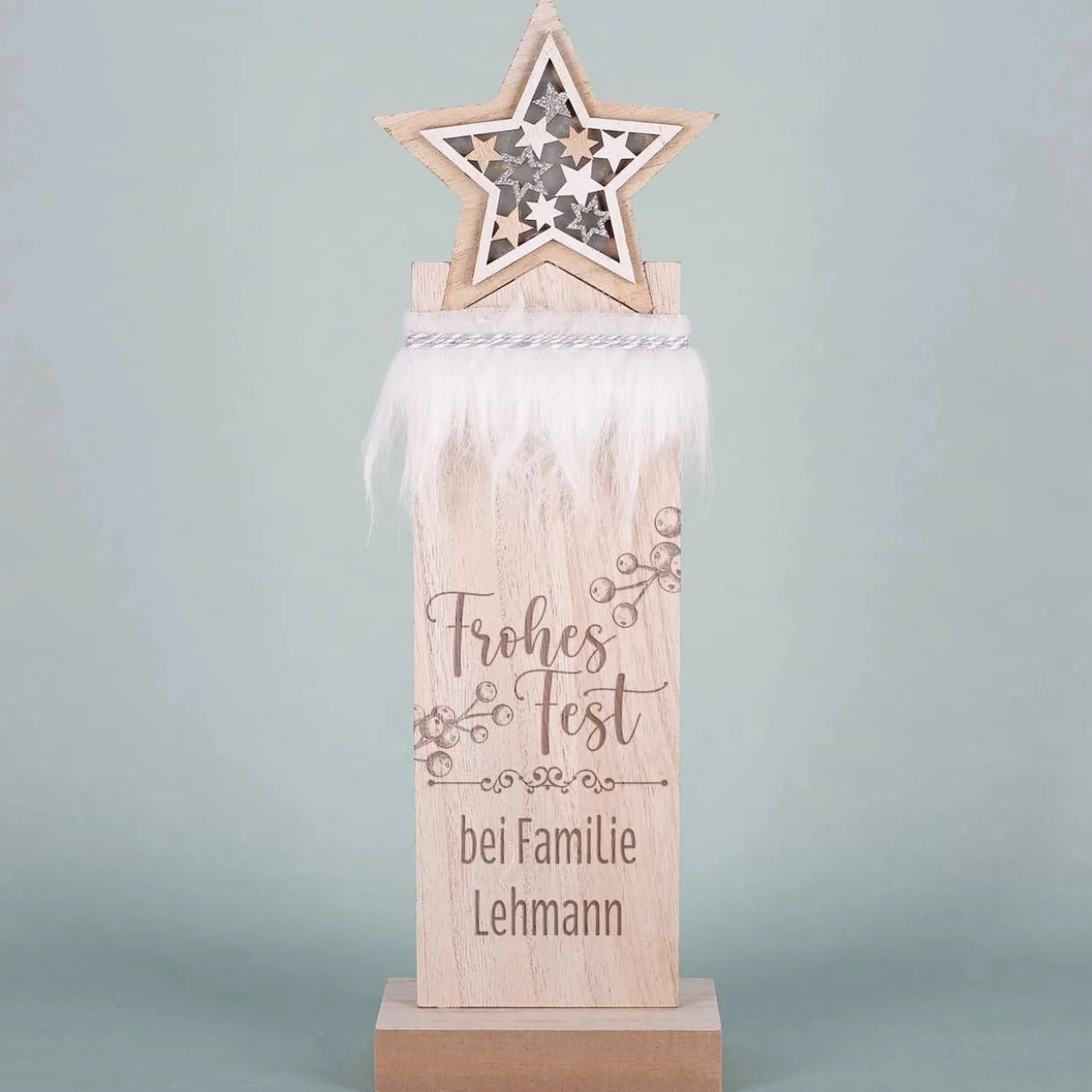 Frohes Fest - LED Holzskulptur mit Sterndetail und Gravur