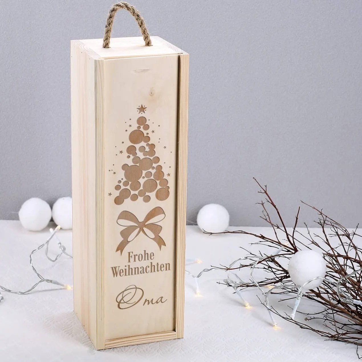 Frohe Weihnachten - Flaschenverpackung aus Holz mit Gravur