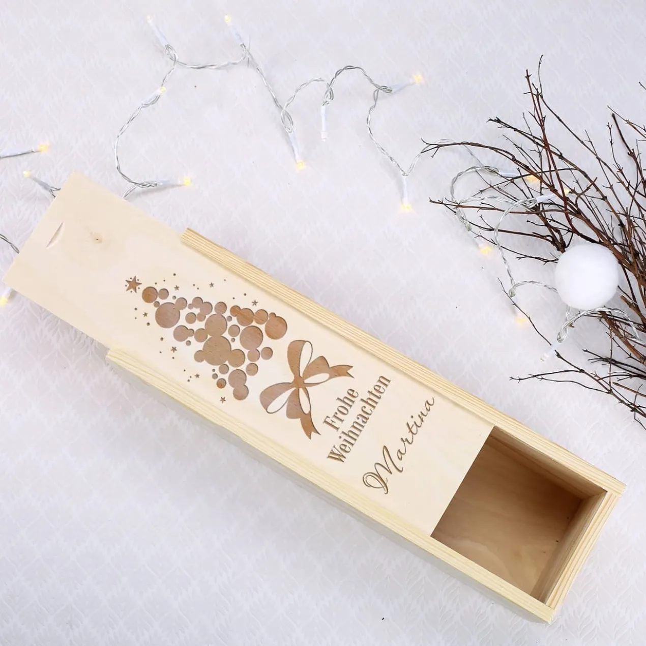 Frohe Weihnachten - Flaschenverpackung aus Holz mit Gravur