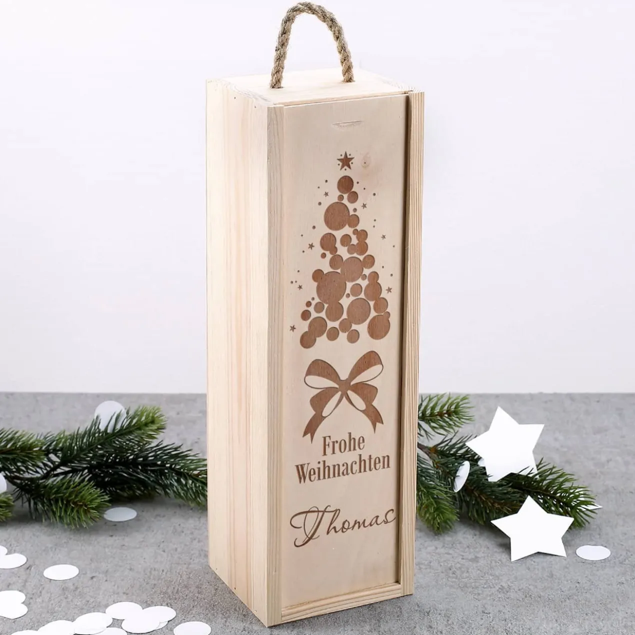 Frohe Weihnachten - Flaschenverpackung aus Holz mit Gravur