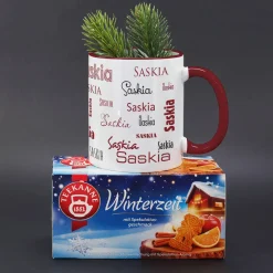 Frohe Weihnachten - Geschenkset mit Teekanne Tee und Namenstasse