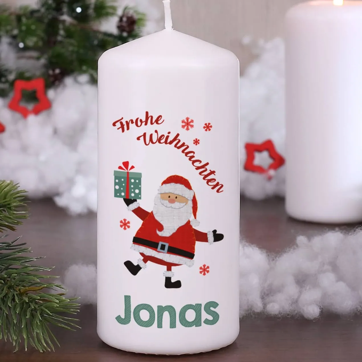 Frohe Weihnachten - Kerze mit Name und Weihnachtsmann