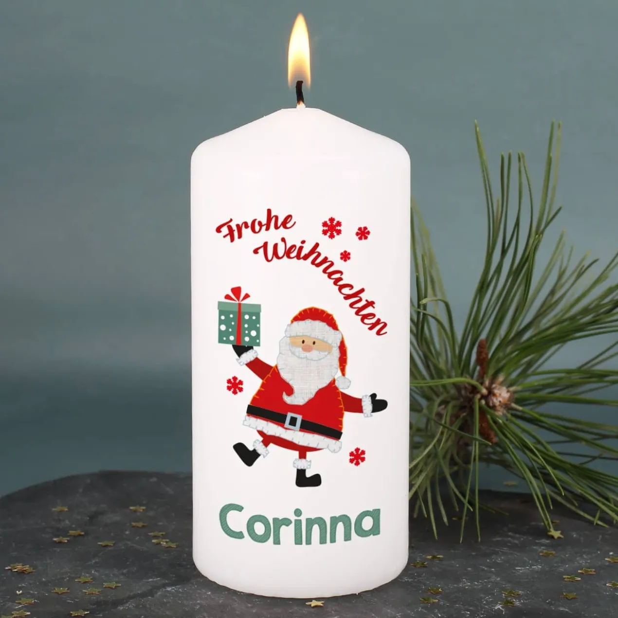Frohe Weihnachten - Kerze mit Name und Weihnachtsmann