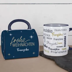 Frohe Weihnachten - Namenstasse in persönlicher Tassentasche