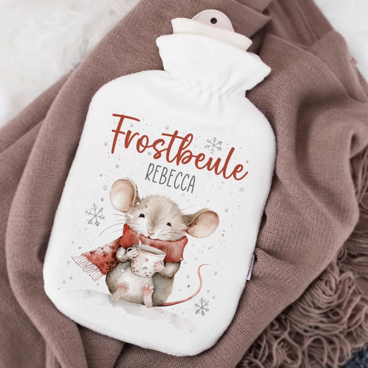 Frostbeule - Wärmflasche mit niedlichem Mausmotiv und Ihrem Wunschnamen