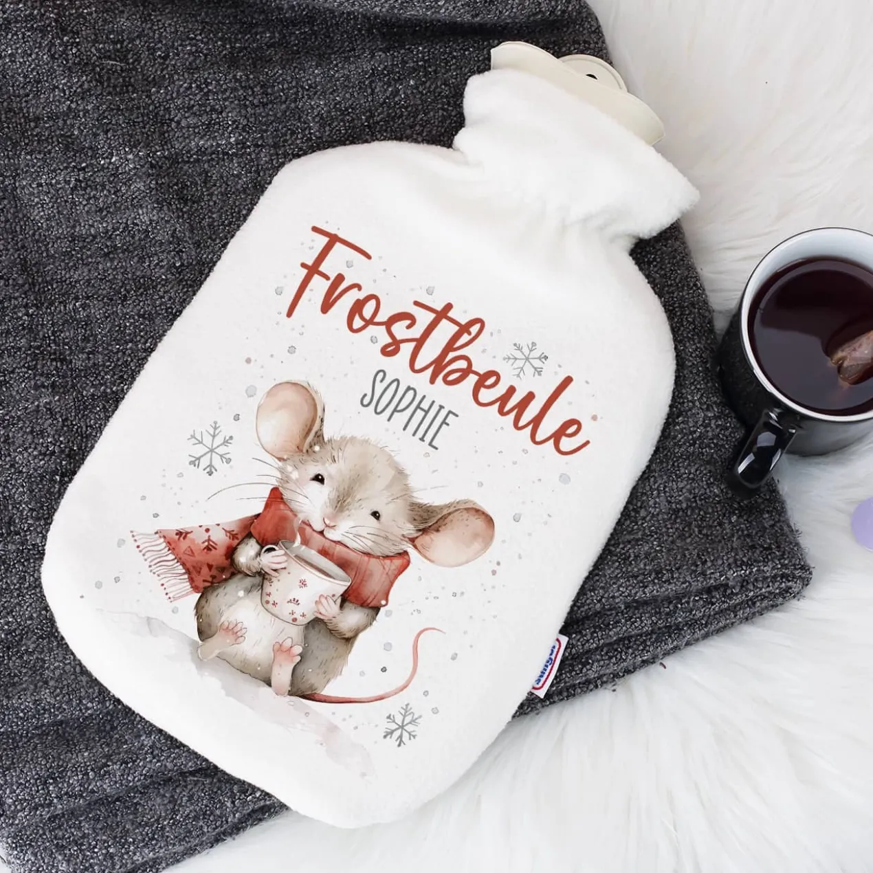 Frostbeule - Wärmflasche mit niedlichem Mausmotiv und Ihrem Wunschnamen