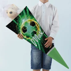 Fußball-Schultüte mit Name und weißem Tüllverschluss