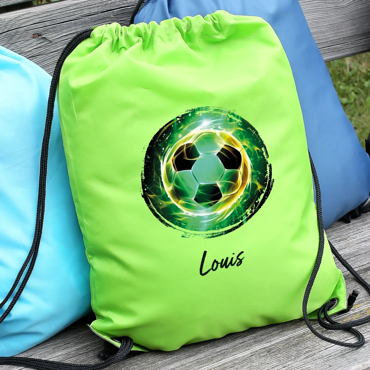Fußball Sportbeutel personalisiert mit Name in Grün | Turnbeutel für Schule & Sport