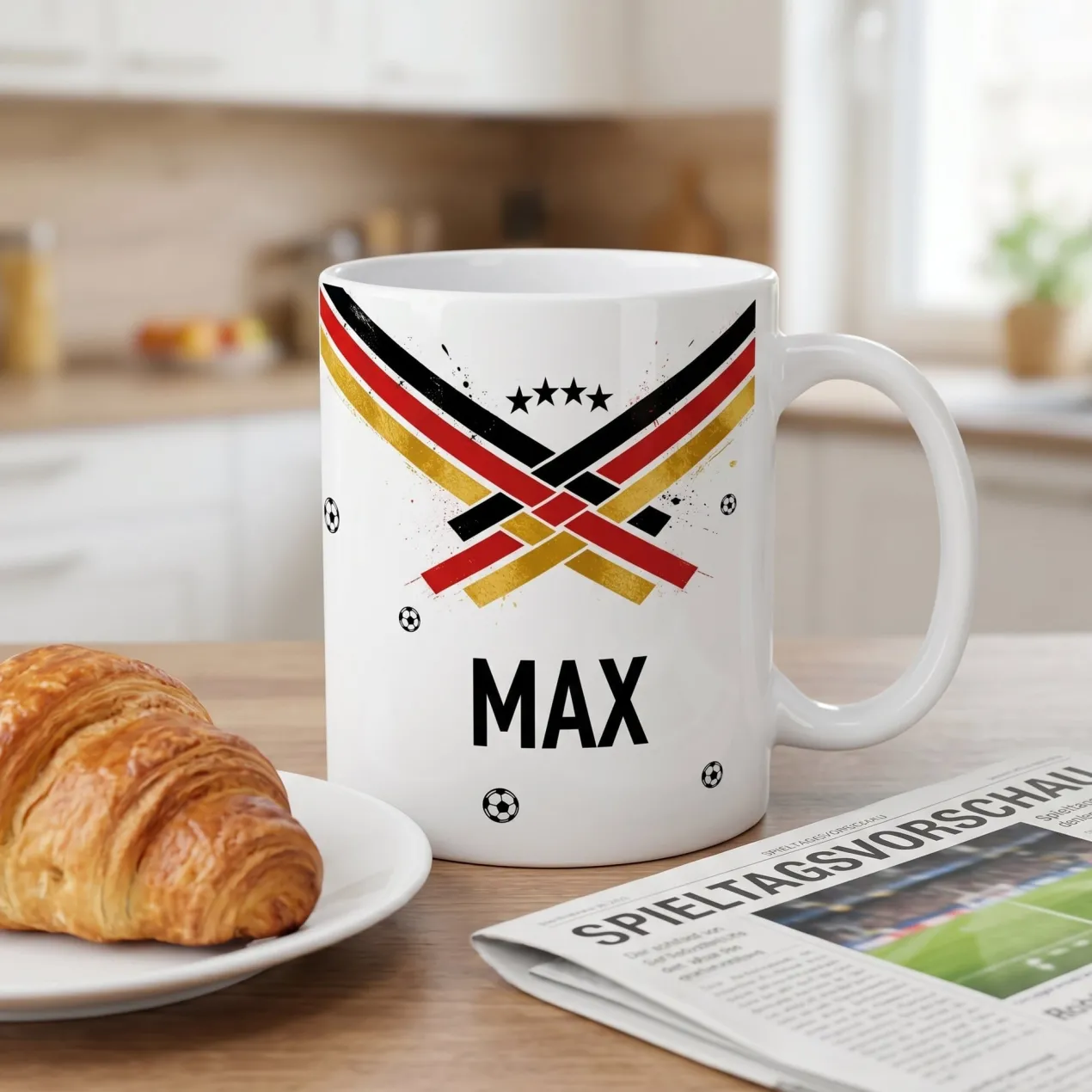 Fußball Tasse mit Name und Deutschland Flagge Schwarz Rot Gold | Geschenk für Fußballer zur WM & EM