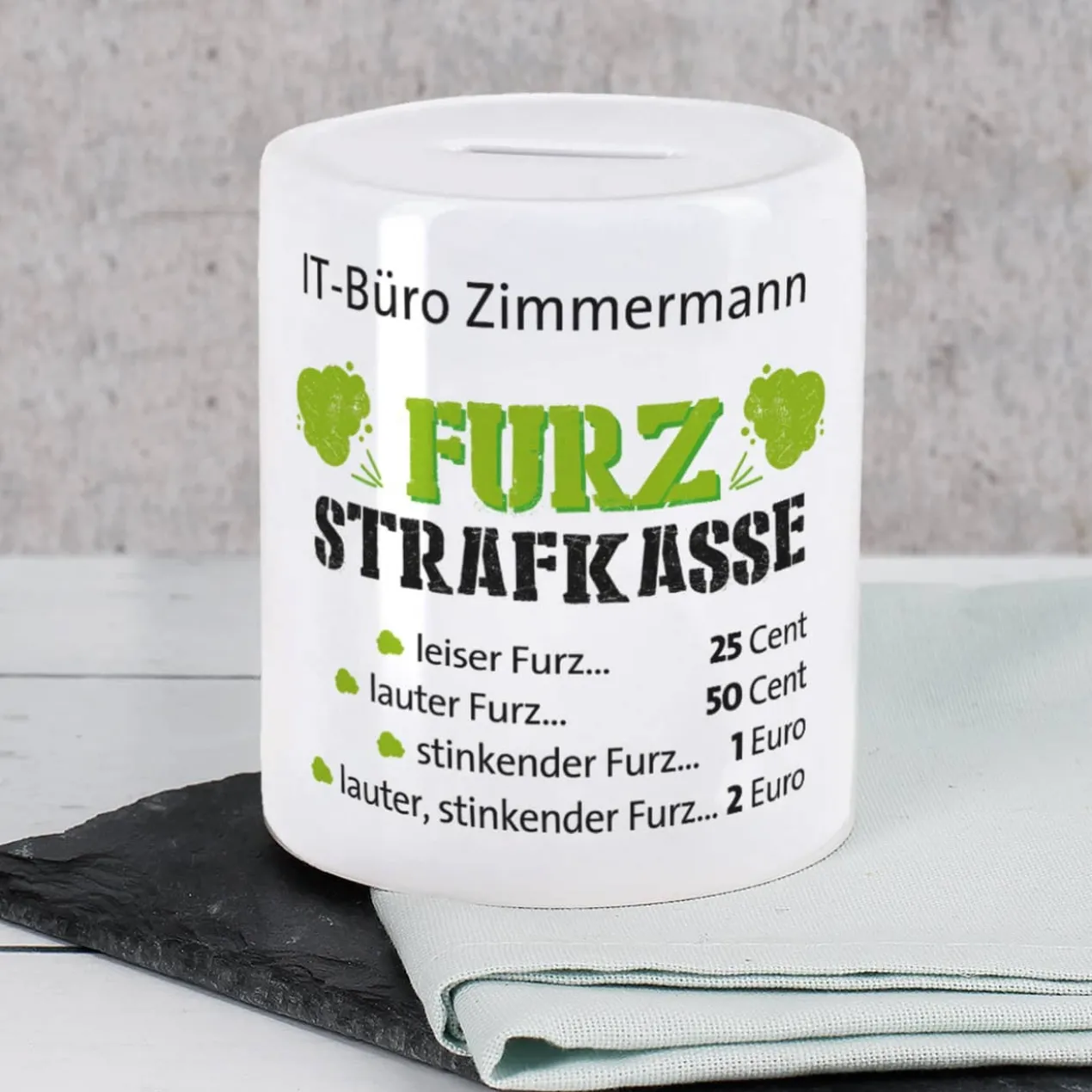 Furz - Strafkasse, die Spardose mit Ihrem Wunschtext