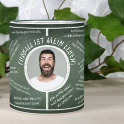 Fussball-Fan-Tasse bedruckt mit Fussballweisheiten und Wunschtext und Foto
