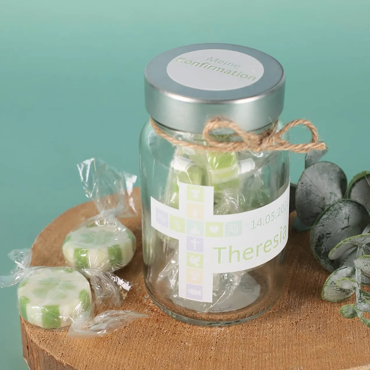 Gastgeschenkglas für Ihre christliche Feier mit Name und Datum