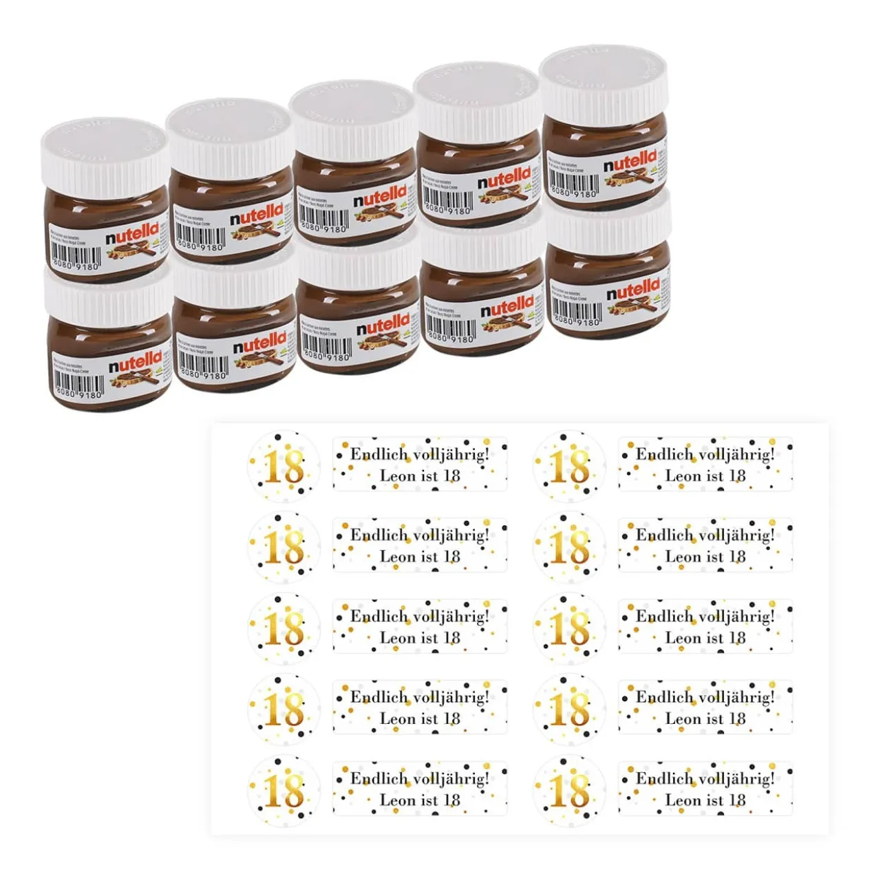 Gastgeschenk zum Geburtstag - 10er Set Nutella Gläschen mit passenden Aufklebern