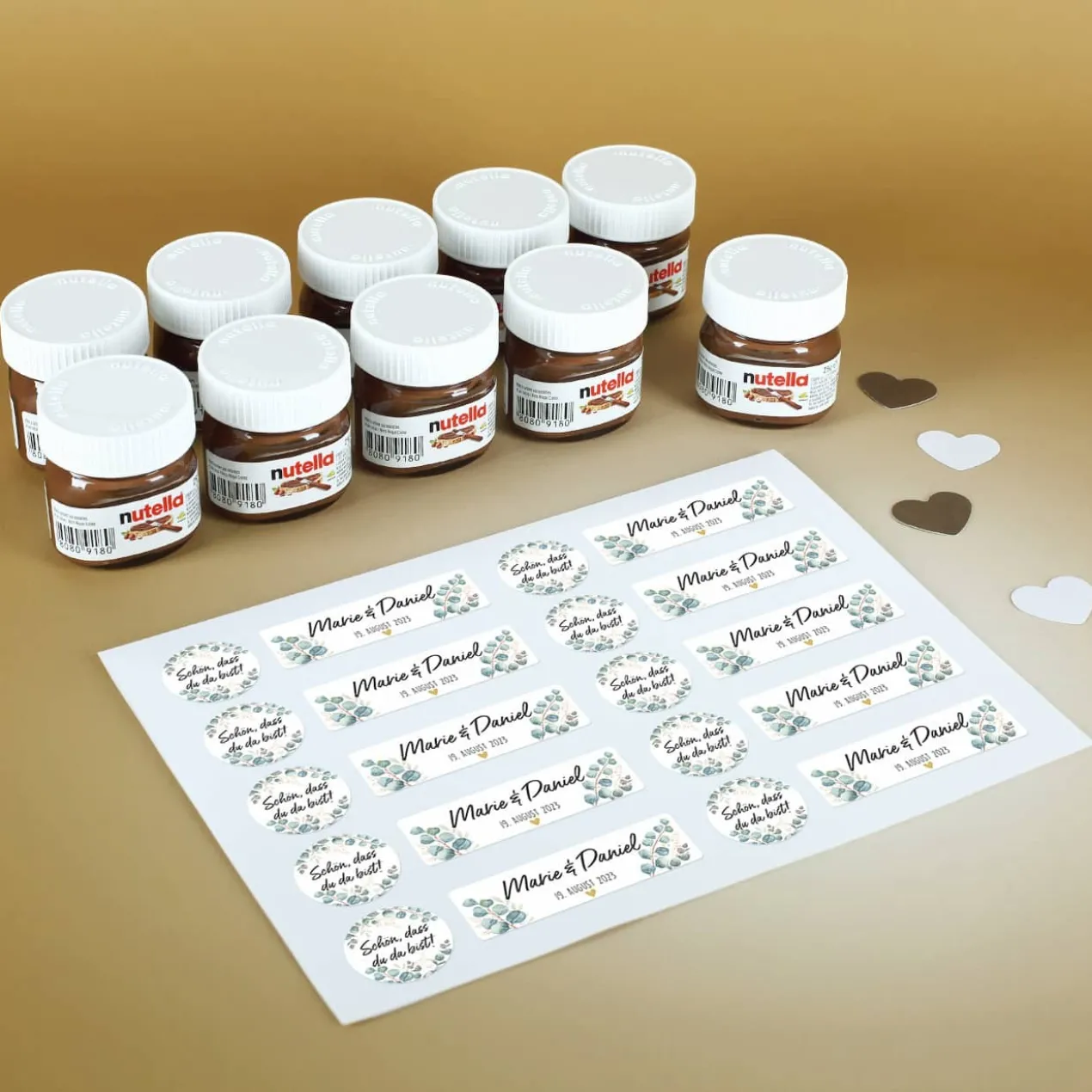 Gastgeschenk zur Hochzeit - 10 Mini Nutella Gläschen mit passenden Etiketten zum selbst Bekleben