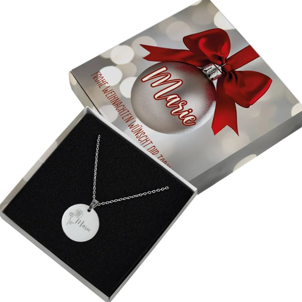 Geburtsblumen-Halskette mit Name graviert in weihnachtlicher Geschenkbox