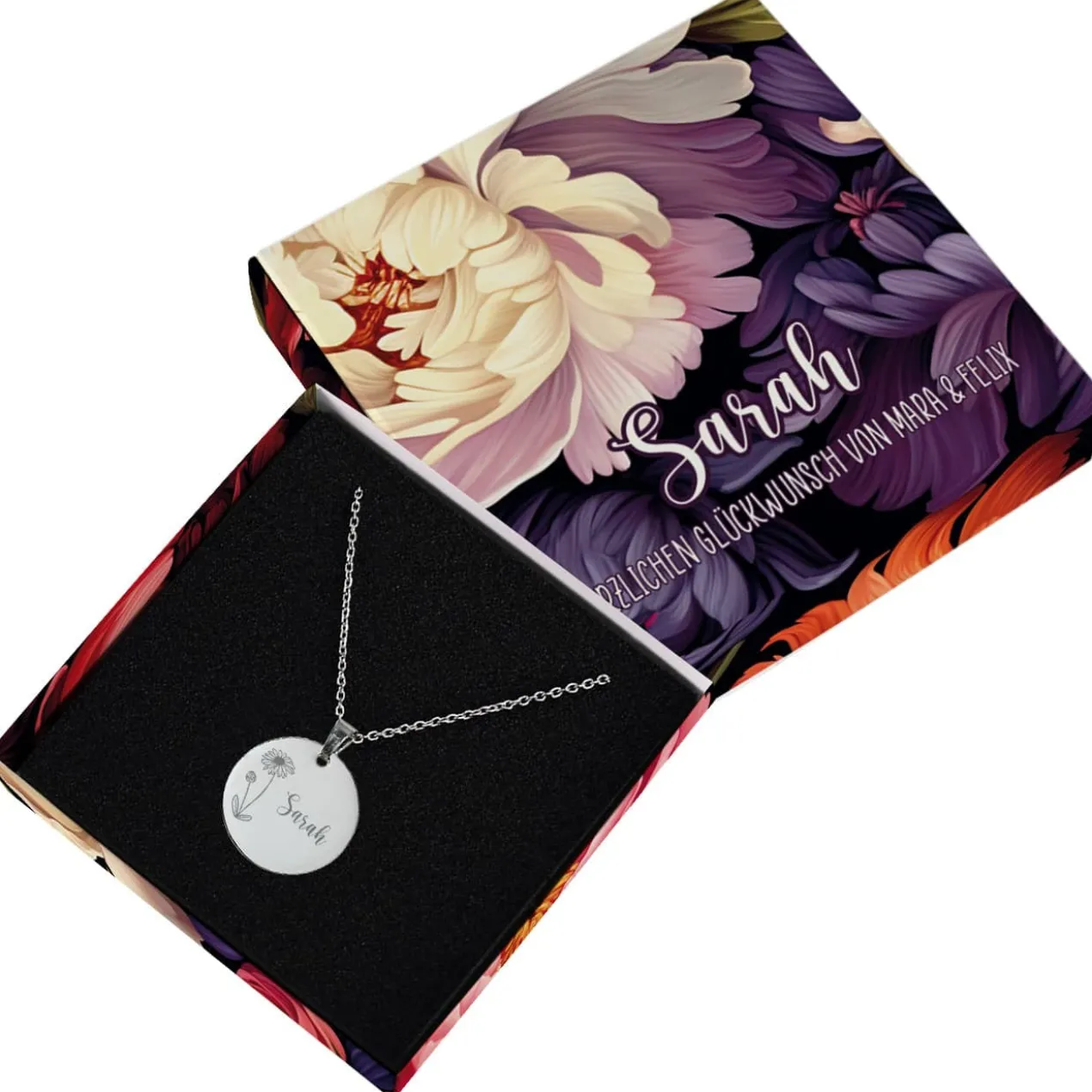 Geburtsblumen-Halskette mit Name in persönlicher Geschenkbox