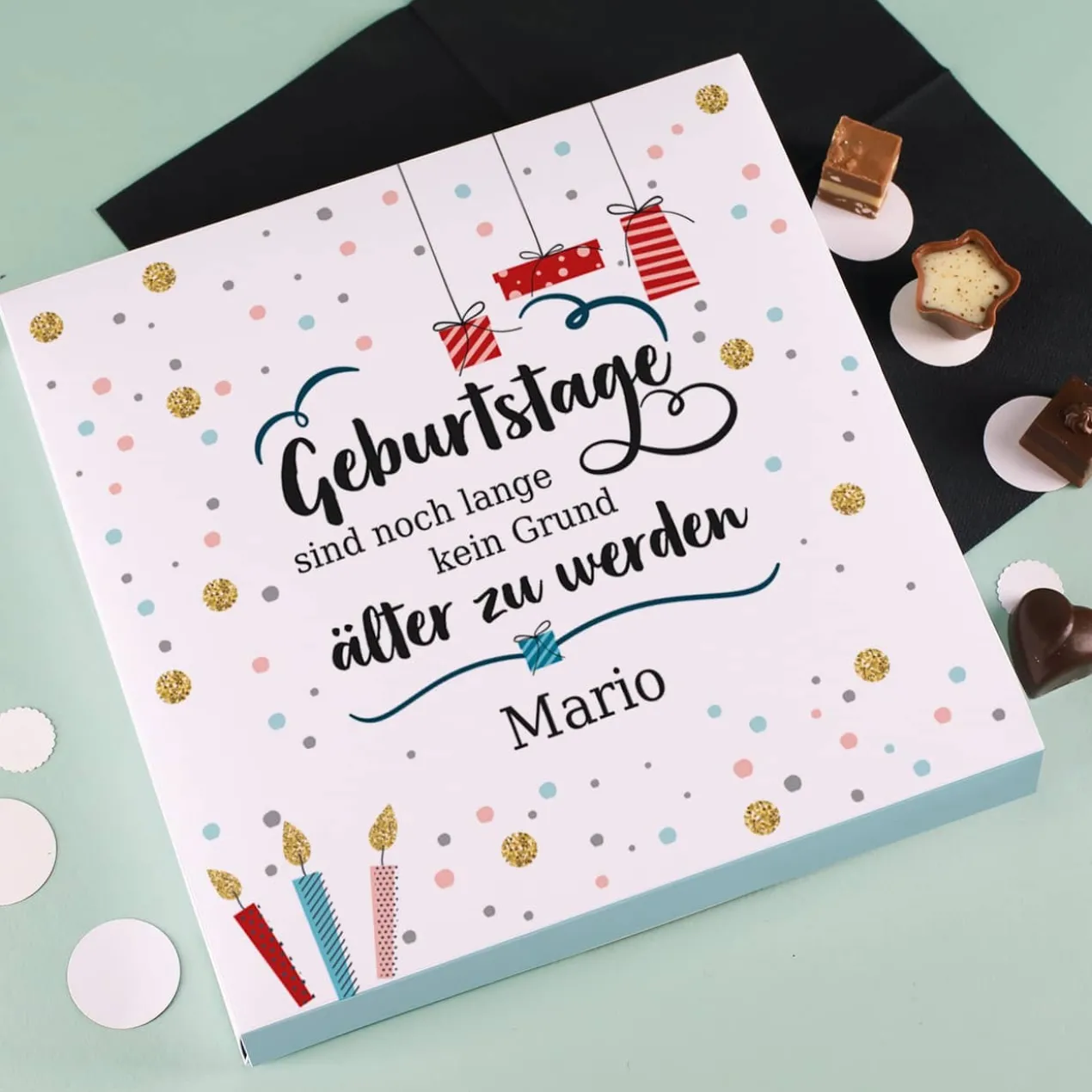 Geburtstage sind noch lange kein Grund älter zu werden - alkoholfreie Lindt Pralinen mit Name