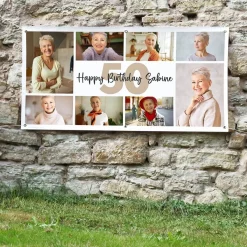 Geburtstagsbanner mit 8 Fotos, Alter und Wunschtext bedruckt