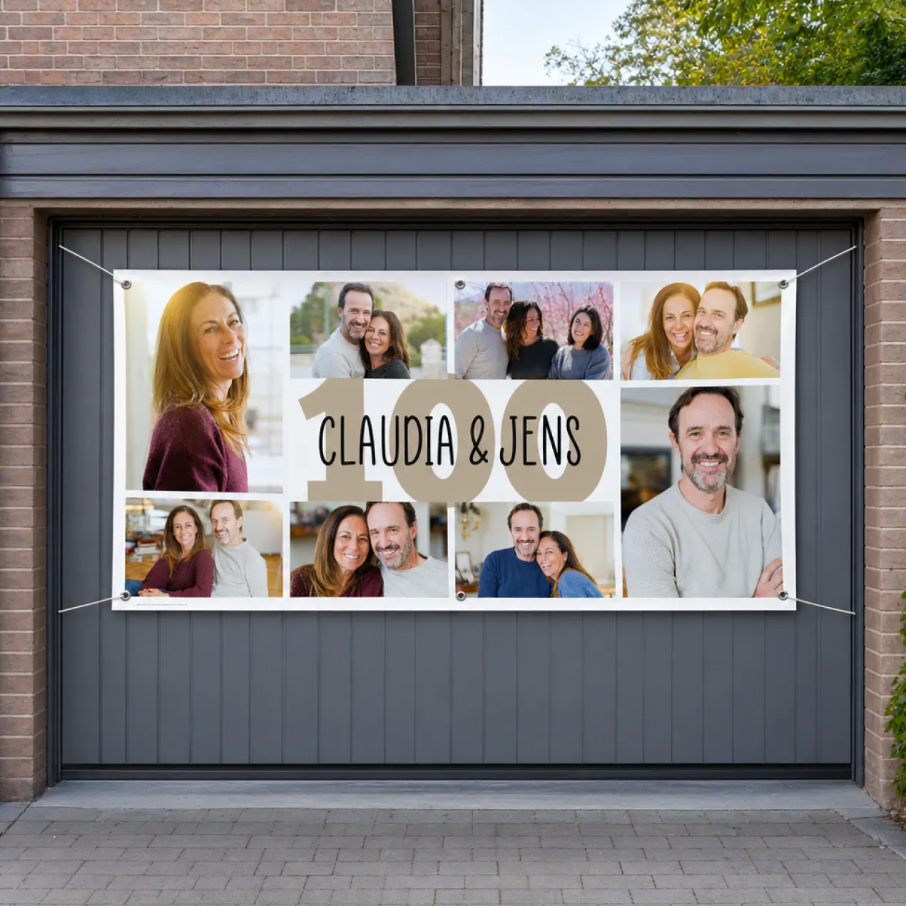 Geburtstagsbanner mit 8 Fotos, Alter und Wunschtext bedruckt