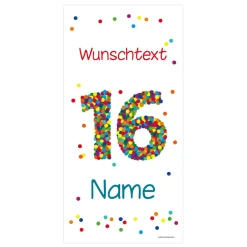 Geburtstagsbanner XL zum 16. Geburtstag mit Konfettizahl, Name und Text