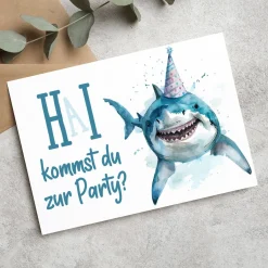 Geburtstagseinladung mit lustigem Hai Motiv und Ihrer Personalisierung