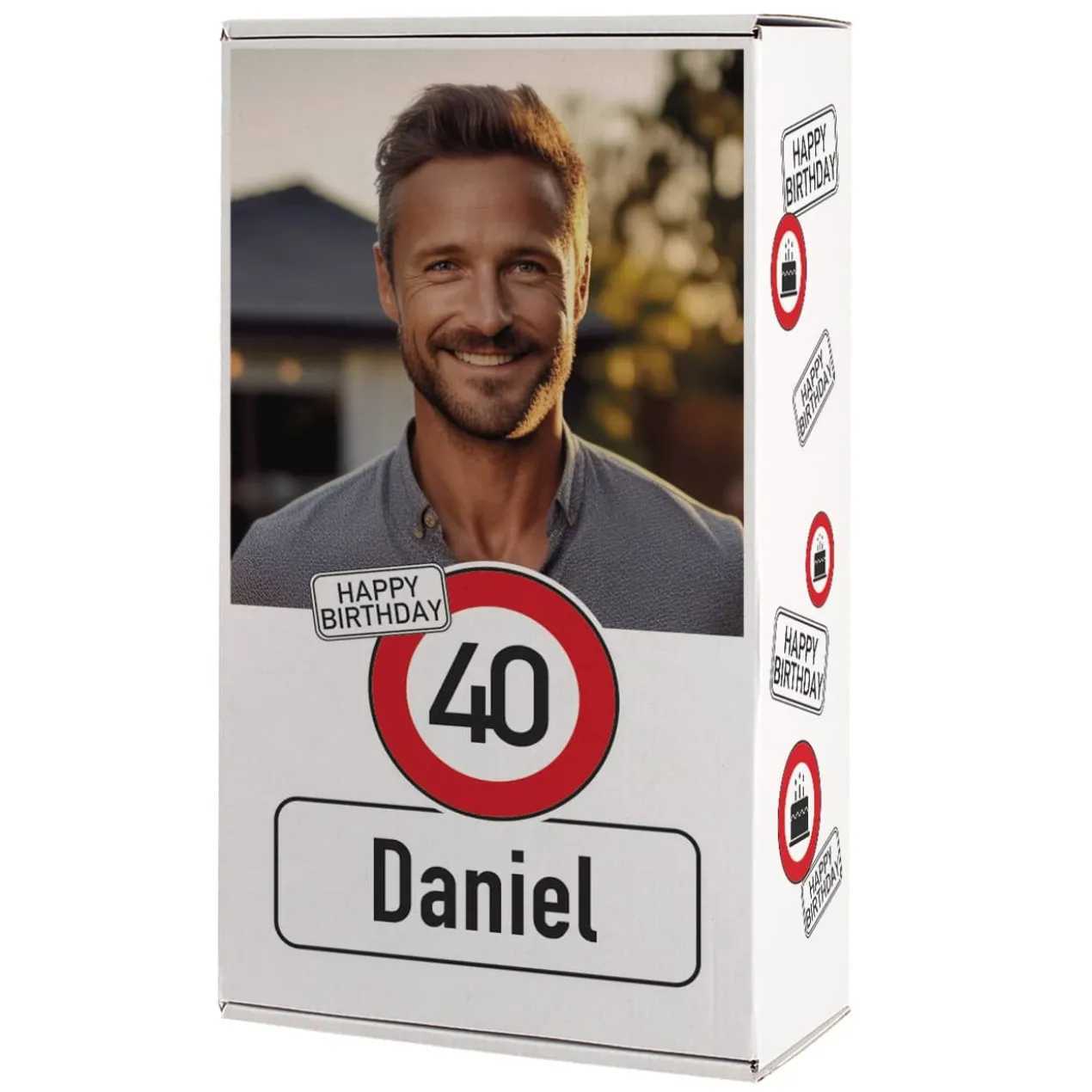 Geburtstags-Geschenkbox mit Verkehrszeichen, Foto, Alter & Name