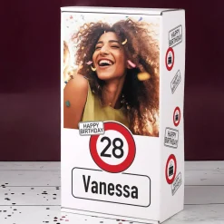 Geburtstags-Geschenkbox mit Verkehrszeichen, Foto, Alter & Name