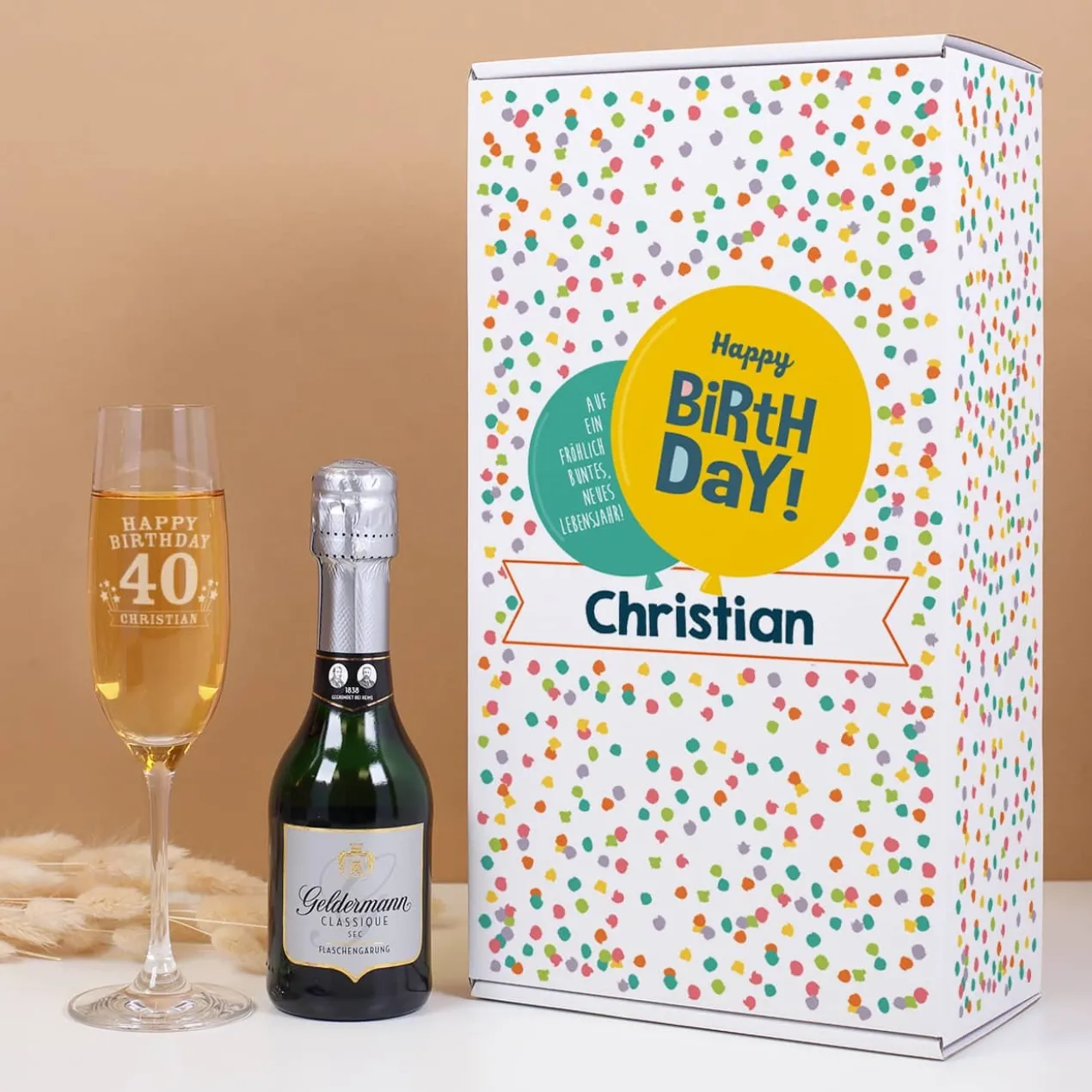 Geburtstags Geschenkset mit Sekt und Sektglas | Geldermann Flaschengärung