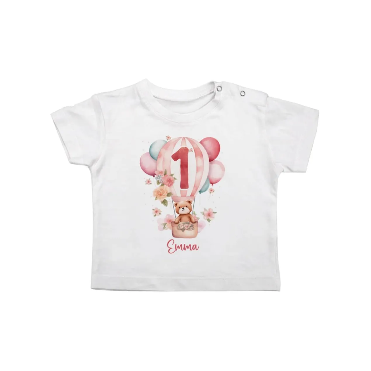 Geburtstagshirt Baby mit großer 1, Teddy im Heißluftballon, Blumen und Name