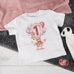 Geburtstagshirt Baby mit großer 1, Teddy im Heißluftballon, Blumen und Name