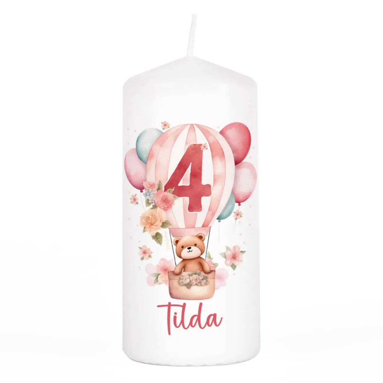 Geburtstagskerze für Kinder mit Teddy im Heißluftballon, Blumen und Name