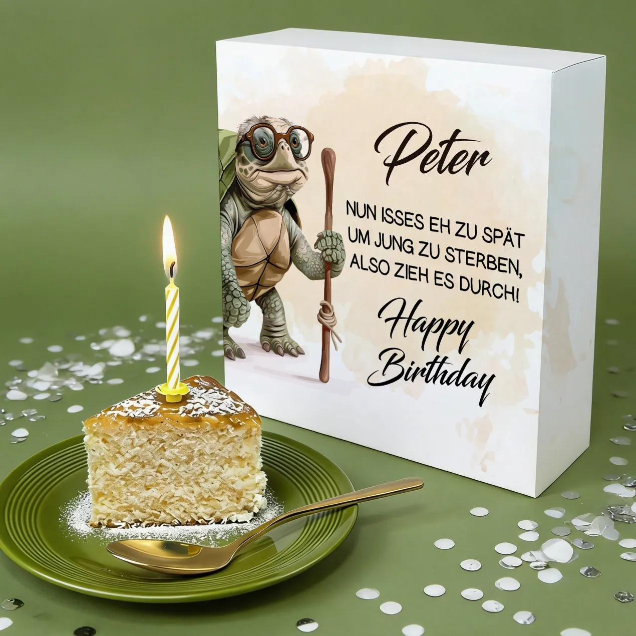 Geburtstagskuchen mit Schildkröten-Motiv, witzigem Spruch und Name personalisiert