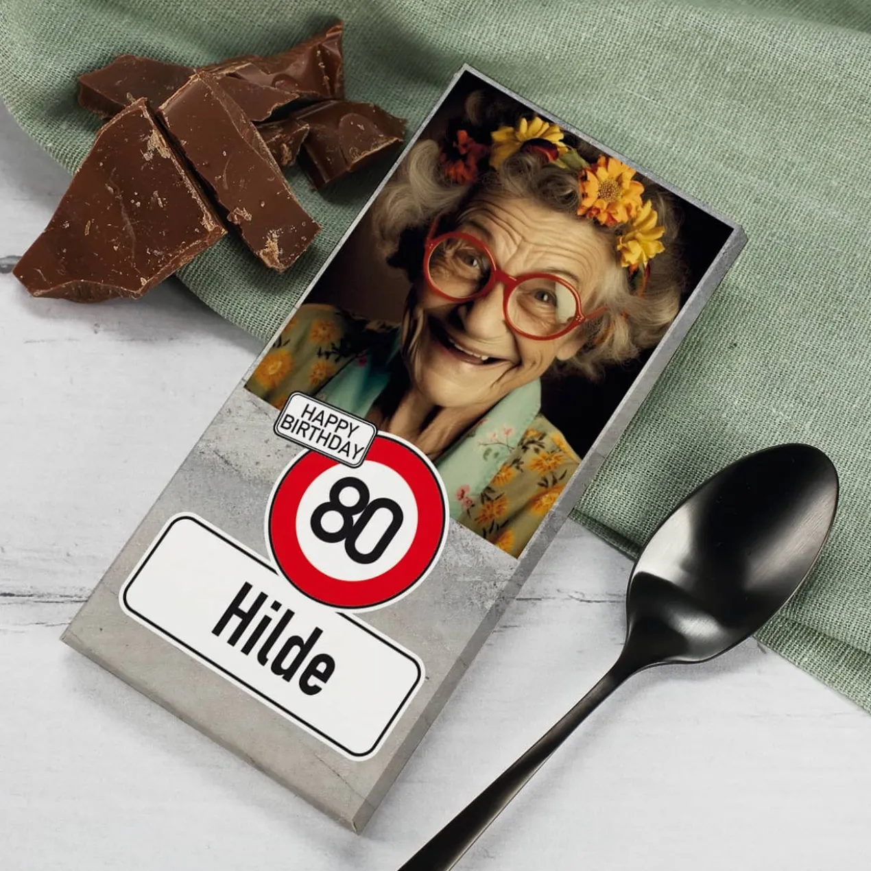 Geburtstags-Schokolade mit Verkehrszeichen, Foto, Alter & Name
