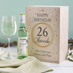 Geburtstagsset mit graviertem Glas, Wein und bedruckter Box